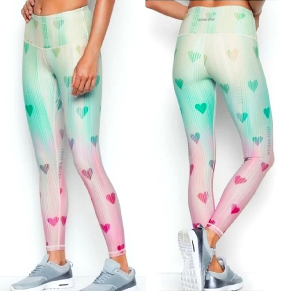 🌈OFFER💕Victoria's Secret VICTORIA SPORT Knockout Ombre Rainbow Heart Leggings - Picture 10 of 10